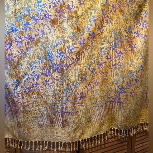 Colorful Gold and Rustic Fringe Shawl/Wrap with Purple and Blue Graphic Designs - Picture 5 of 9